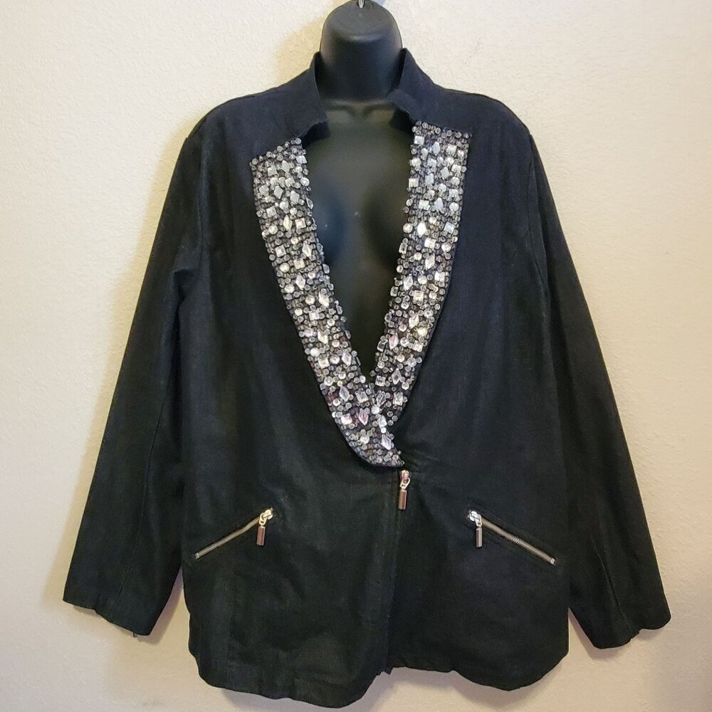 Hot In Hollywood 2XL Black Embellished Open Front Jacket Sparkling Crystal